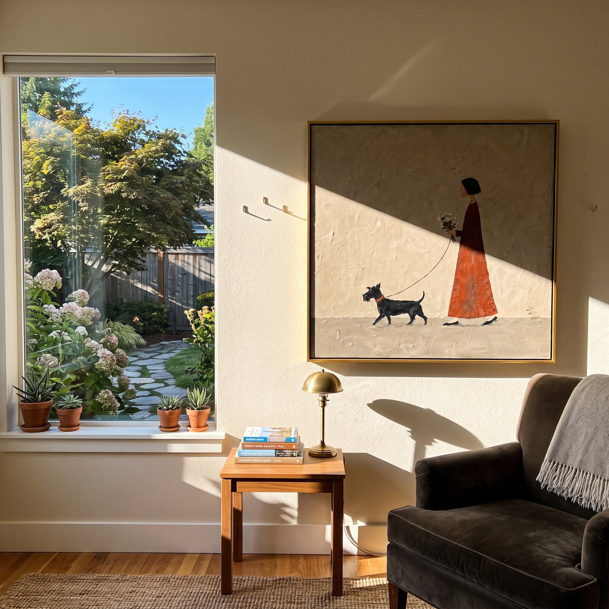 Flowers Along Quiet Ground artwork styled as a warm interior focal point