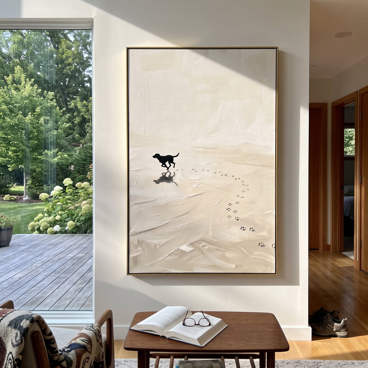 Black Dog Finds Snow artwork styled as a warm interior focal point