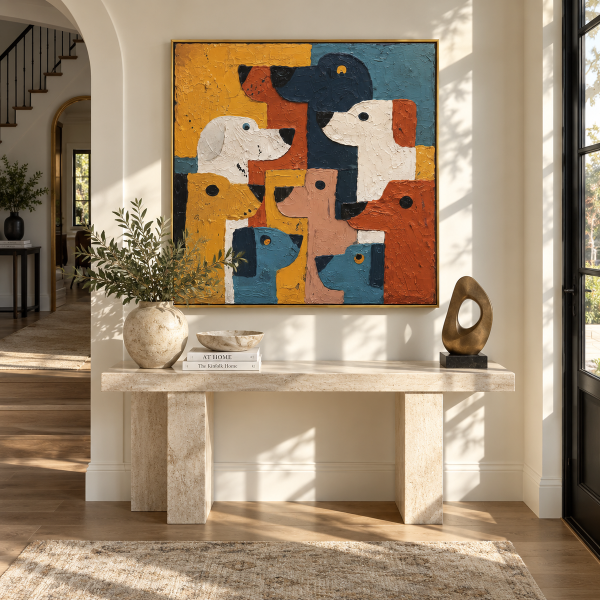 Patchwork Hounds Gather Close abstract dog portrait painting displayed in a styled interior