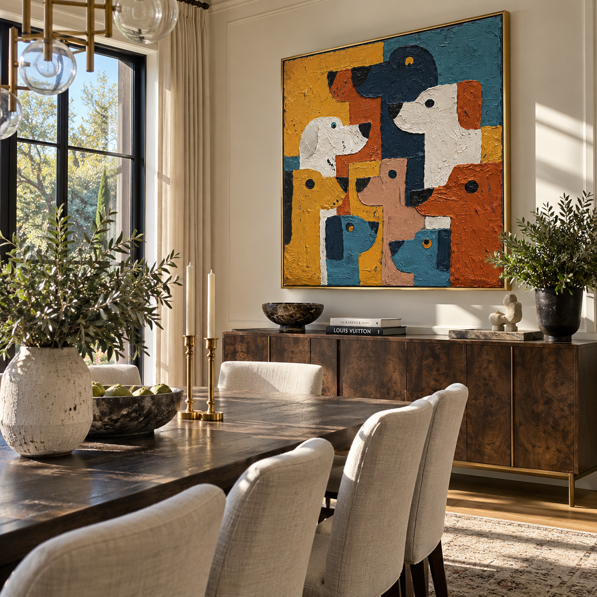 Patchwork Hounds Gather Close people and pets wall art in a contemporary room