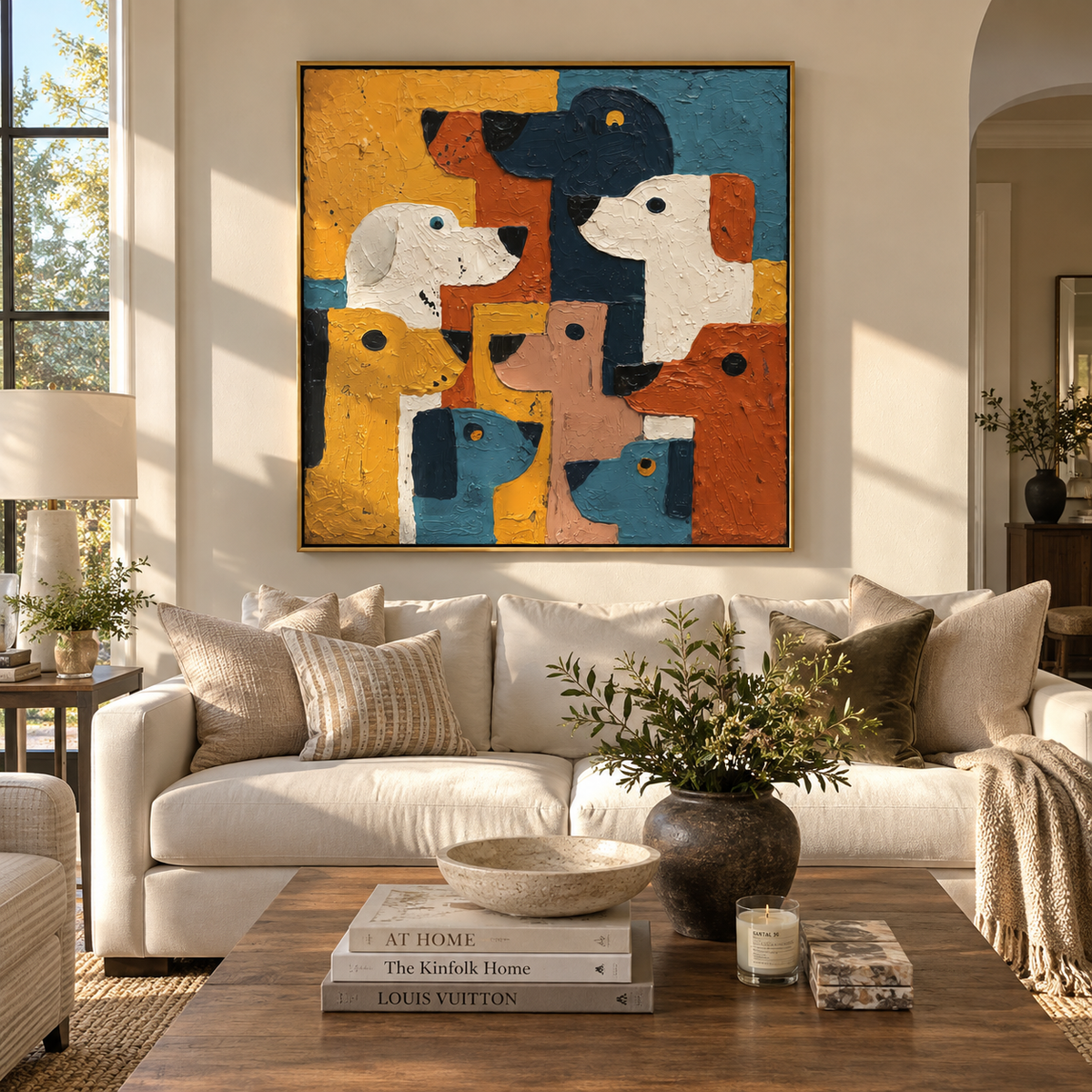 Patchwork Hounds Gather Close painting displayed above modern furnishings