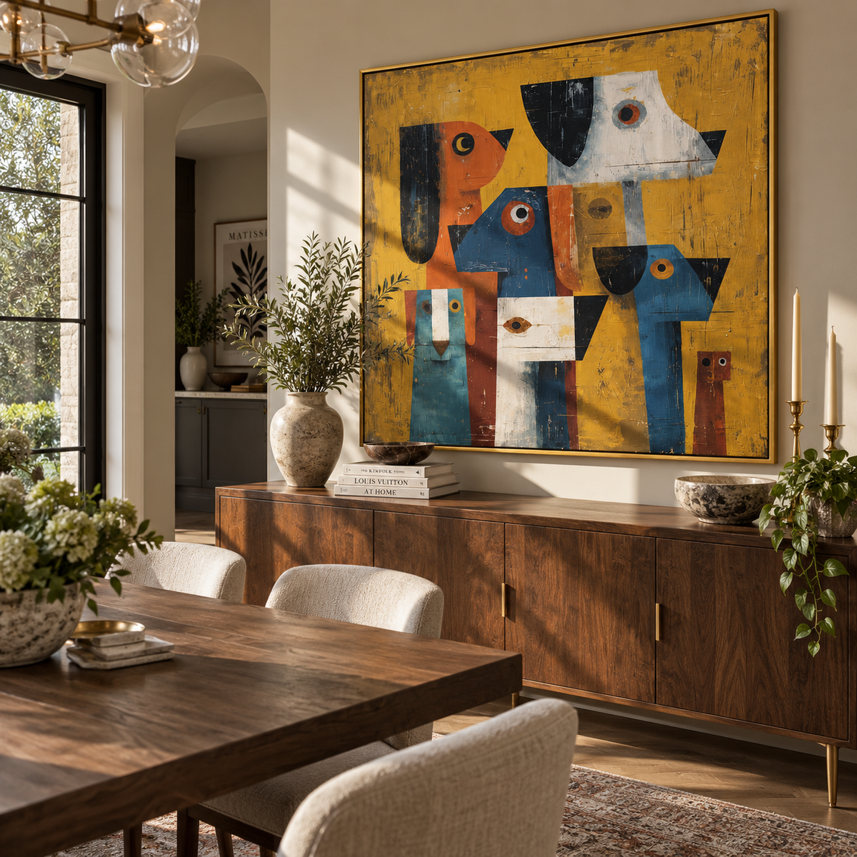 Bright Faces Stand Together geometric dog group painting displayed in a styled interior