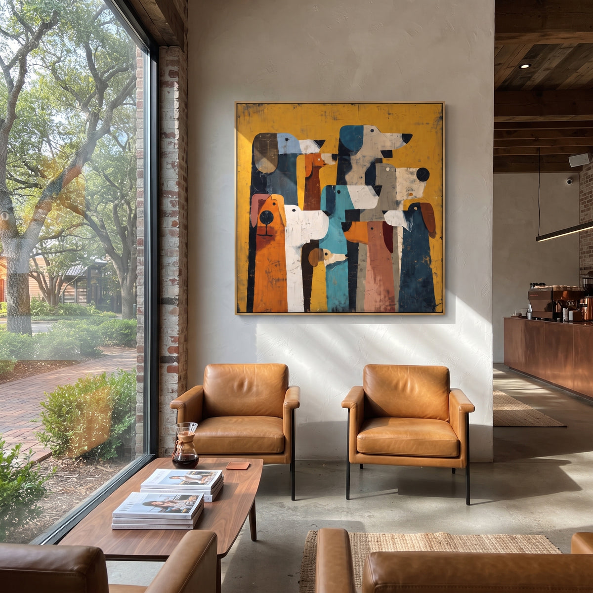 Long Hounds Face Forward painting displayed above modern furnishings