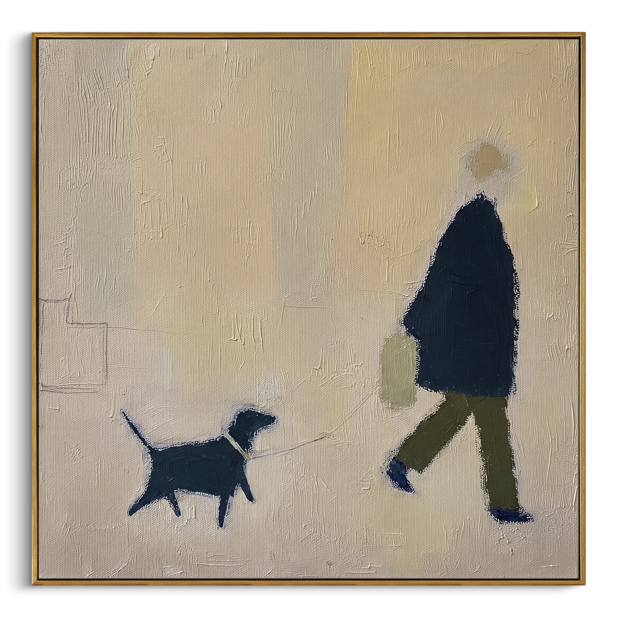 Blue Coat Keeps Moving square painting in a wood frame on a white background