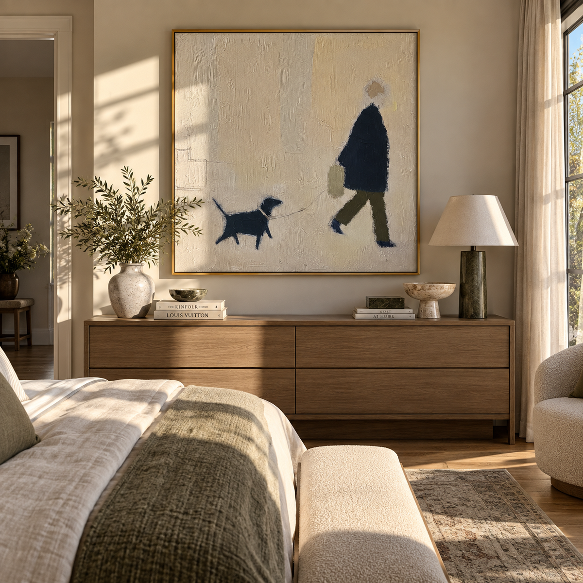 Blue Coat Keeps Moving displayed with natural materials and quiet decor