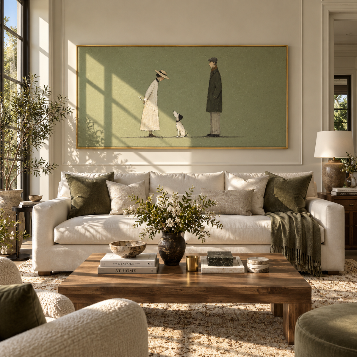 Two Strangers Share Distance couple meeting with dog painting displayed in a styled interior