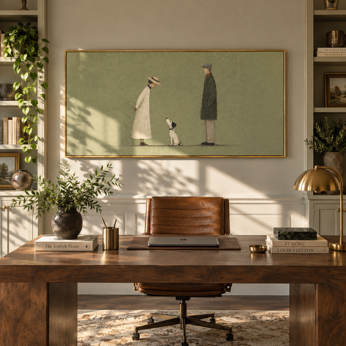 Two Strangers Share Distance people and pets wall art in a contemporary room