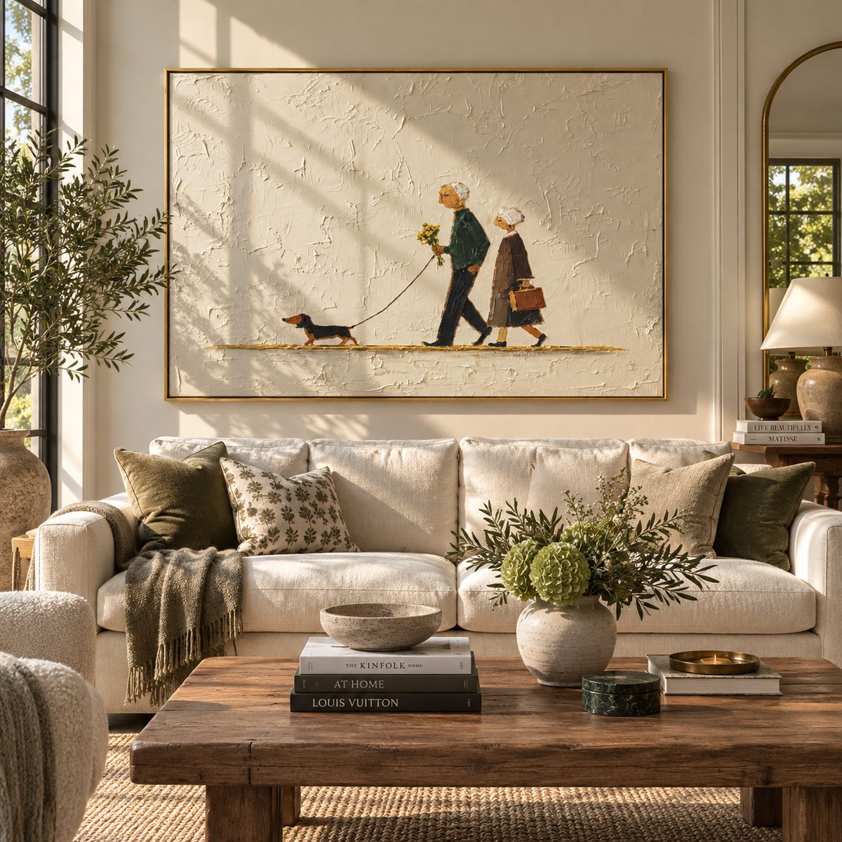 Flowers Follow Old Friends elderly couple with dog painting displayed in a styled interior