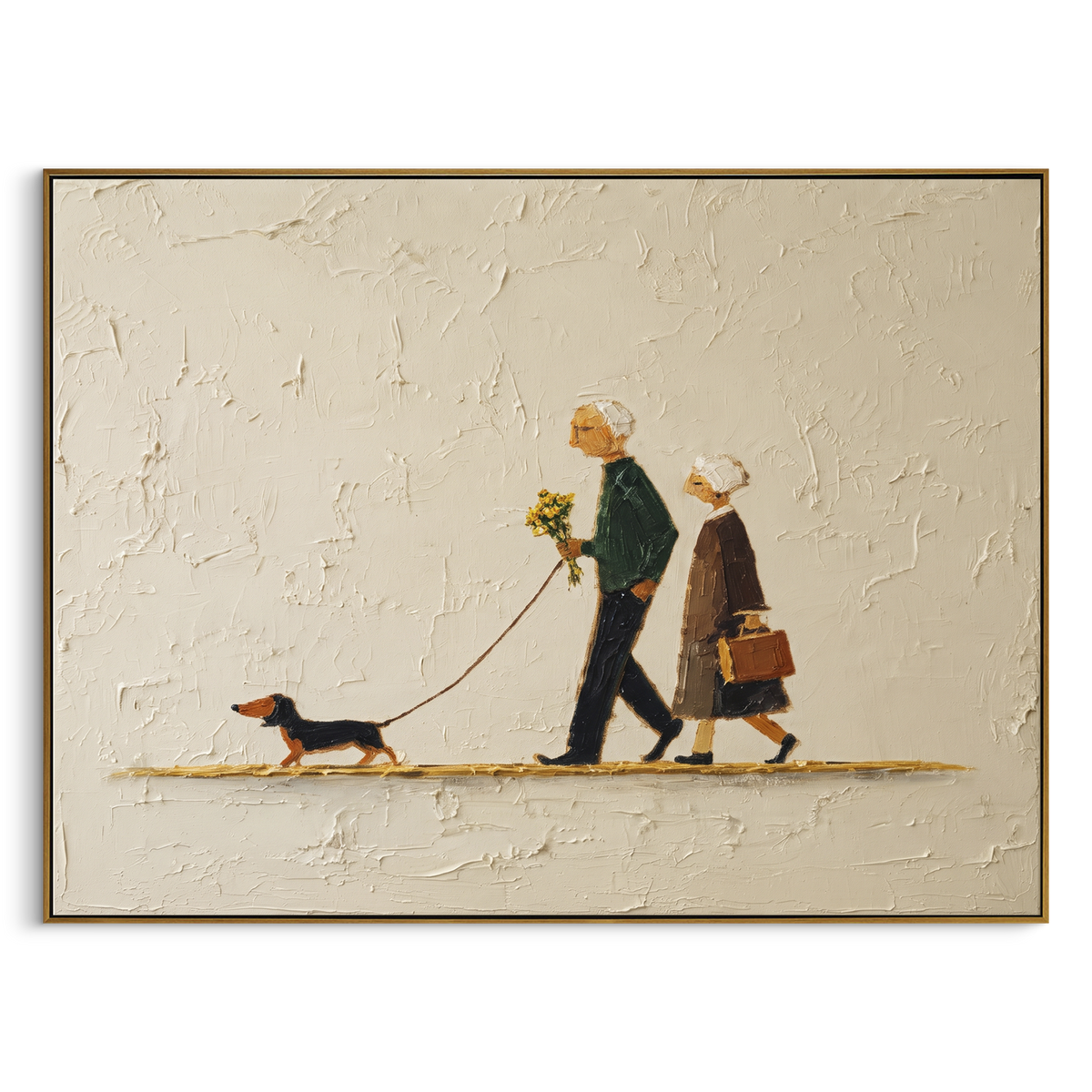 Flowers Follow Old Friends horizontal painting in a wood frame on a white background