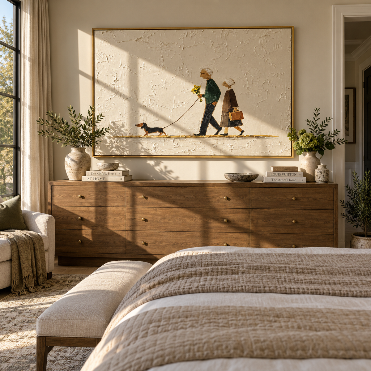 Flowers Follow Old Friends painting displayed above modern furnishings