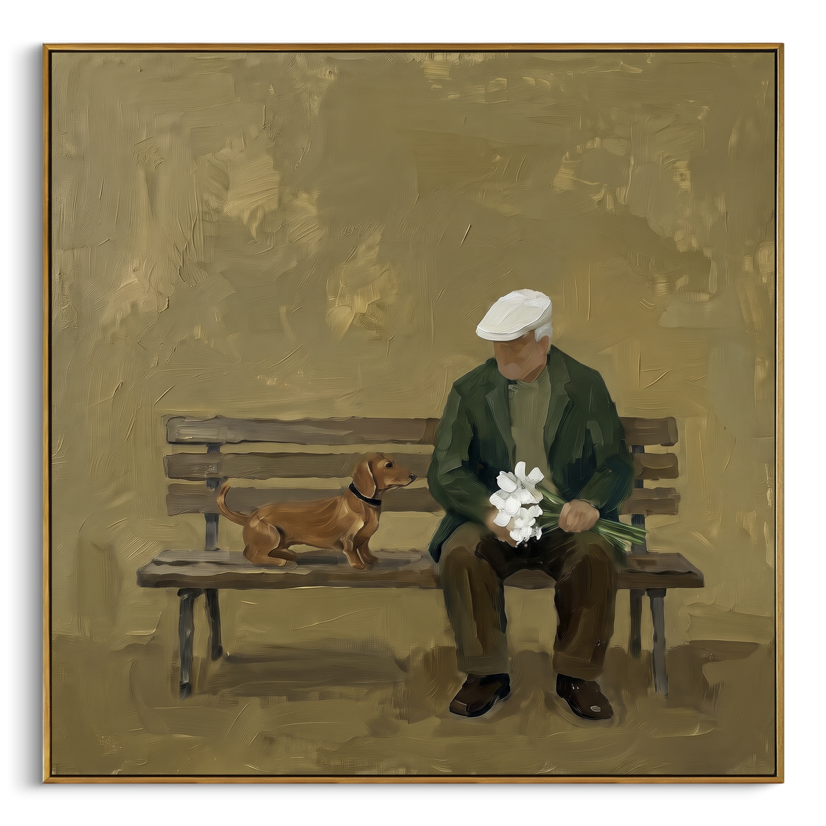 Bench Flowers Little Dog square painting in a wood frame on a white background