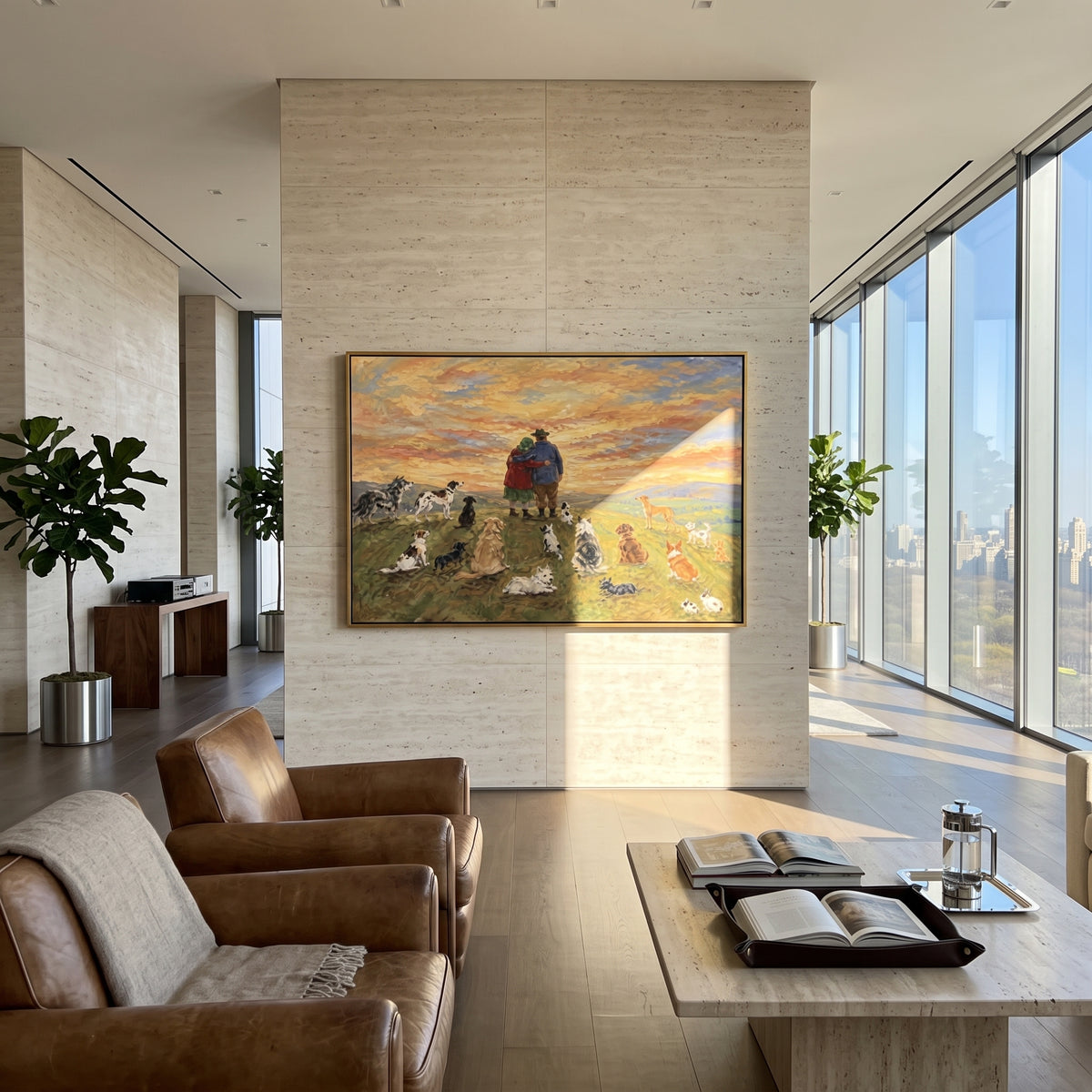 Sunset Gathering of Hounds shepherd and dog pack painting displayed in a styled interior