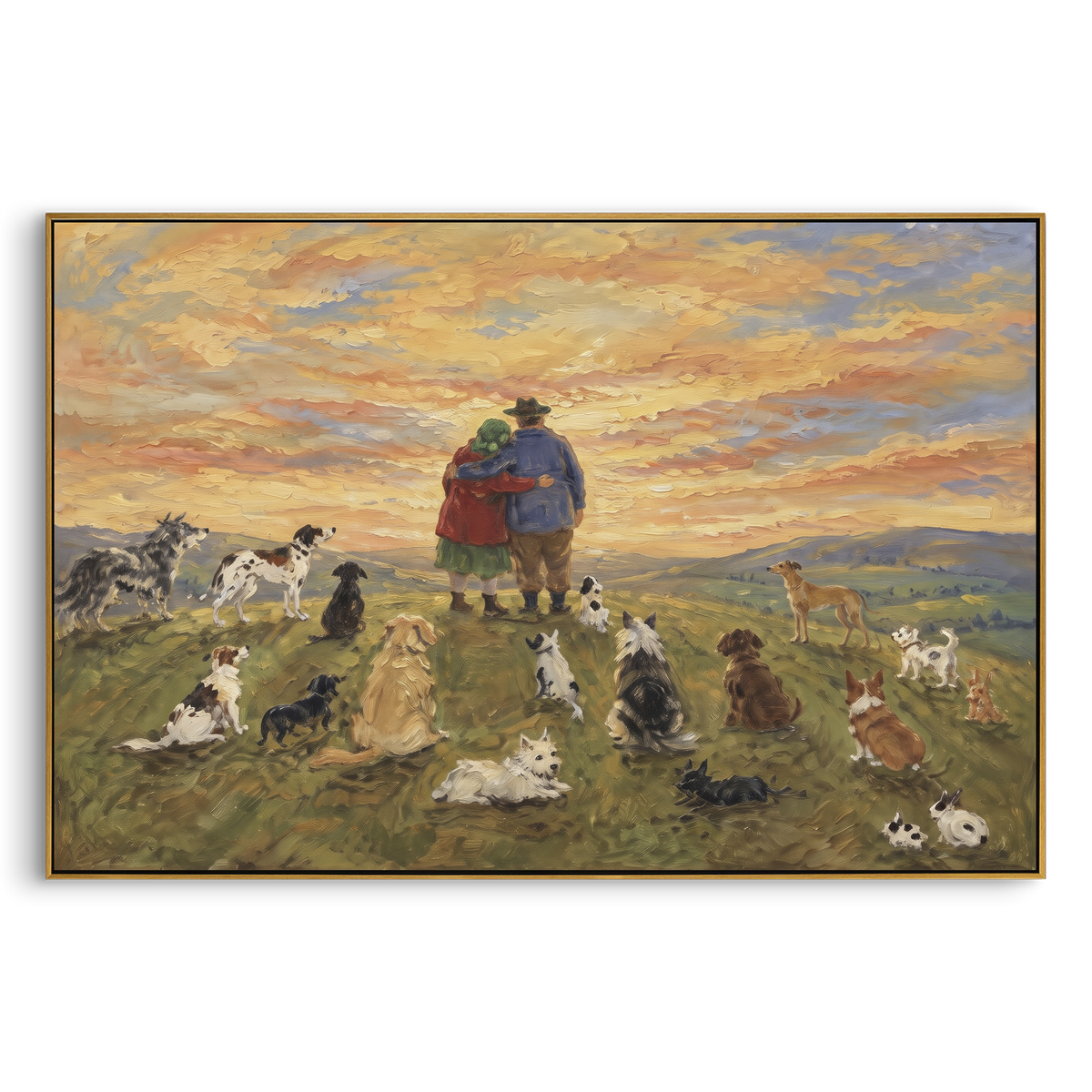 Sunset Gathering of Hounds horizontal painting in a wood frame on a white background