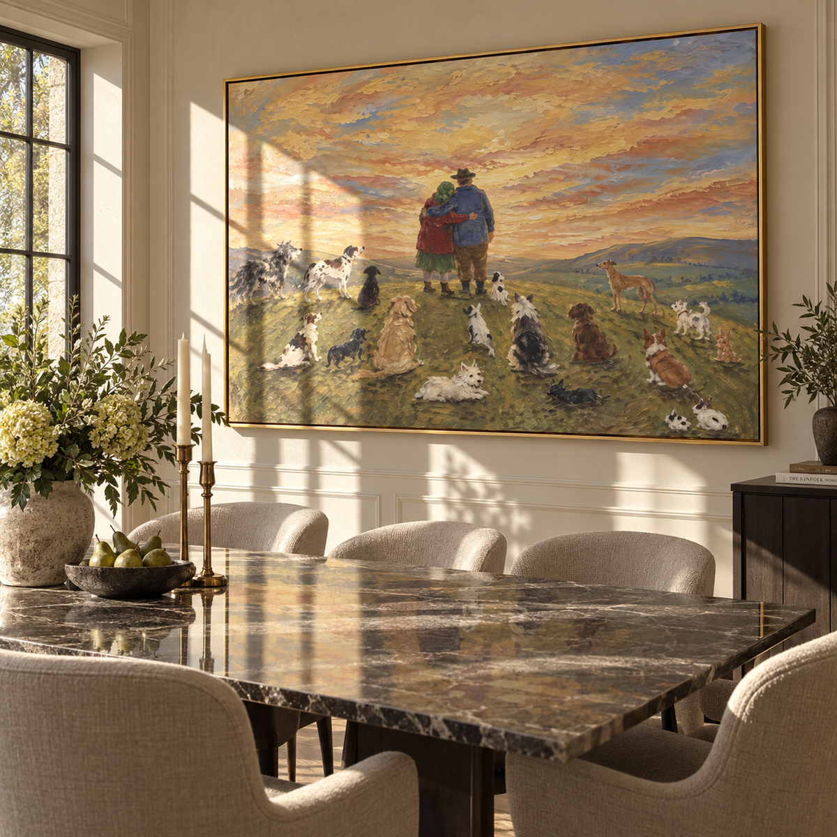 Sunset Gathering of Hounds people and pets wall art in a contemporary room