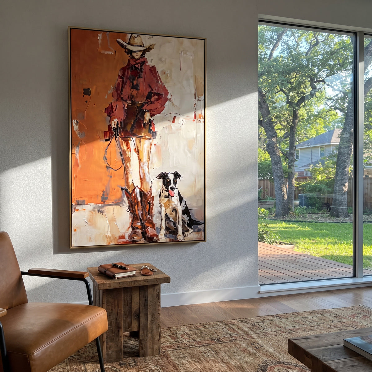 Red Cowboy Keeps Watch artwork styled as a warm interior focal point