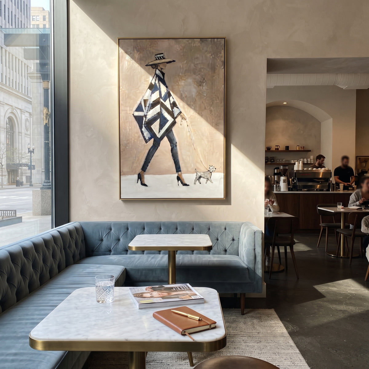 Patterned Cape Tiny Companion geometric woman and dog painting displayed in a styled interior