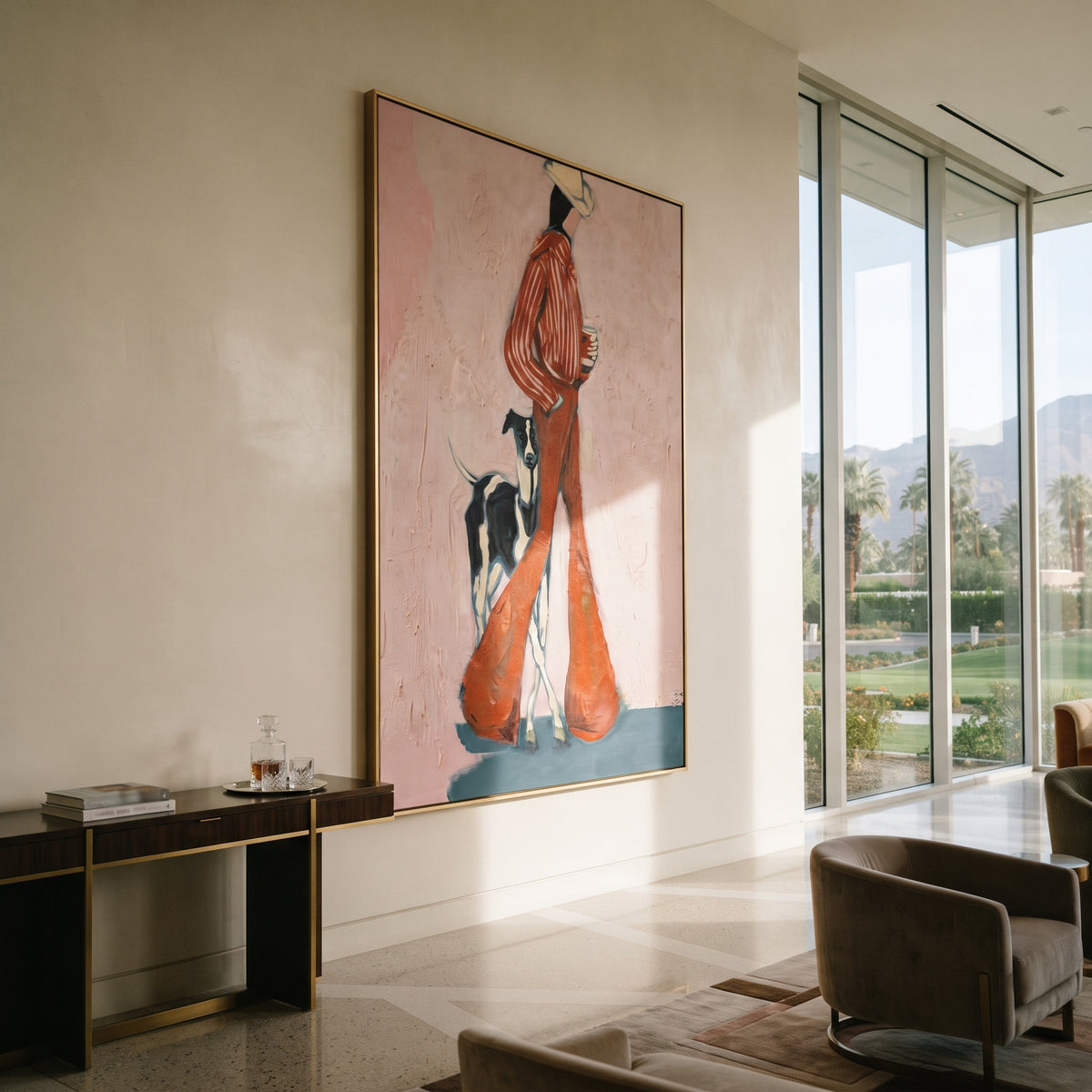 Rust Stripes Long Shadow striped fashion dog walk painting displayed in a styled interior