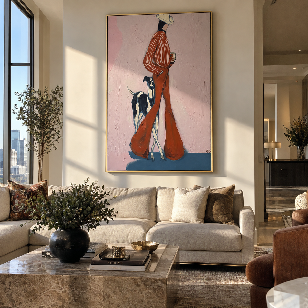 Rust Stripes Long Shadow painting displayed above modern furnishings