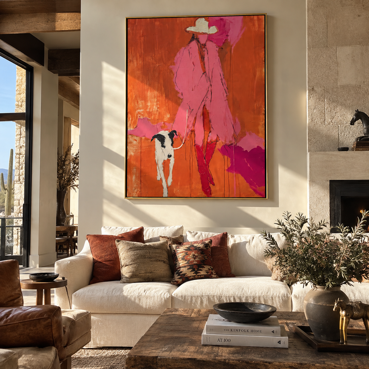 Pink Cowboy Leads Home pink cowboy with dog painting displayed in a styled interior