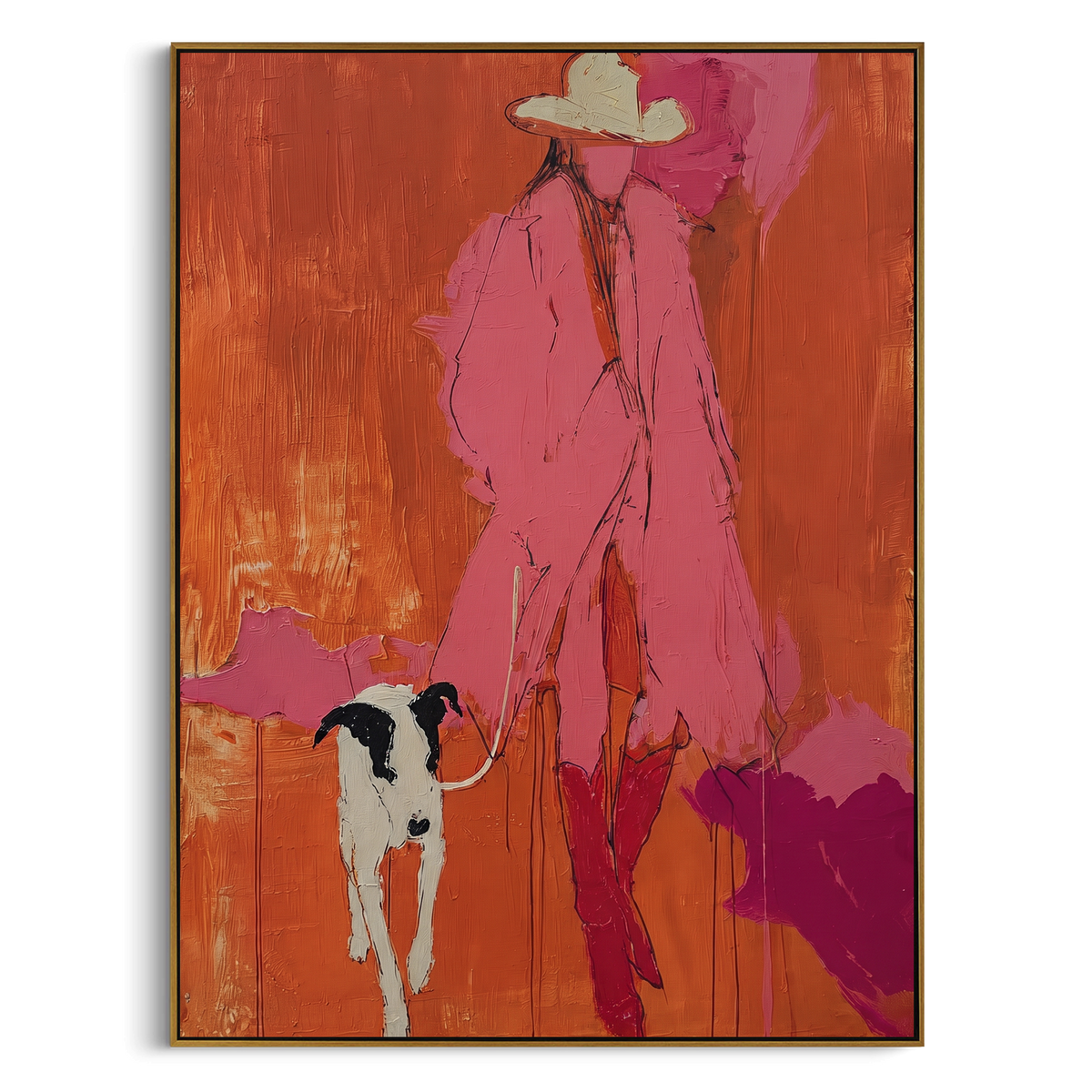 Pink Cowboy Leads Home vertical painting in a wood frame on a white background