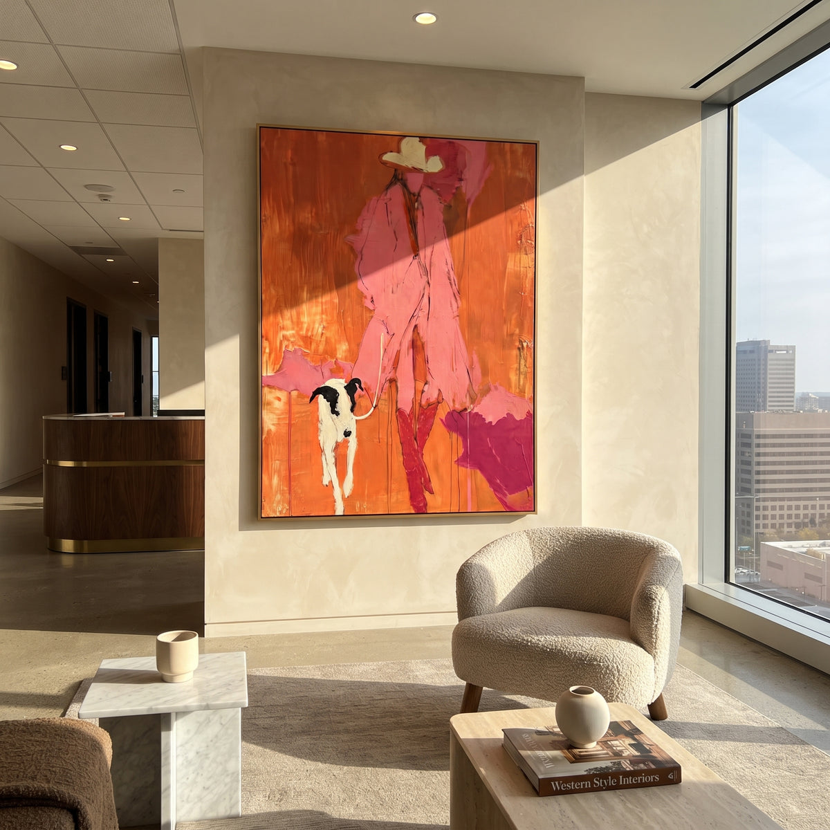Pink Cowboy Leads Home painting displayed above modern furnishings