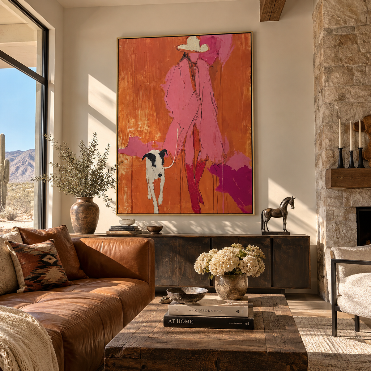 Pink Cowboy Leads Home displayed with natural materials and quiet decor