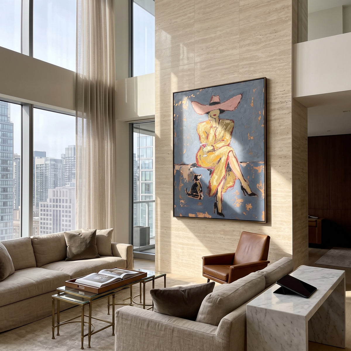 Blue Evening Quiet Company painting displayed above modern furnishings