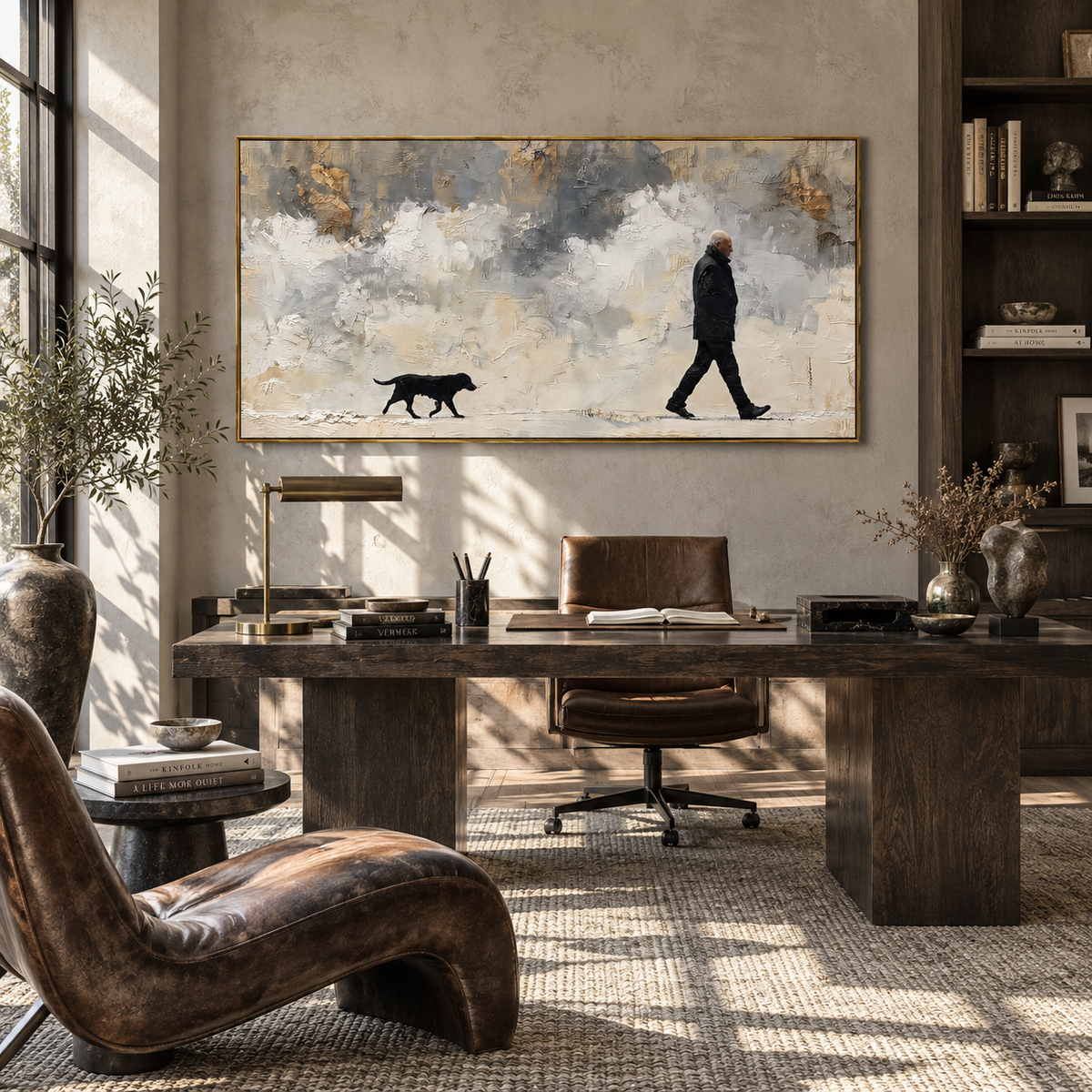 Snow Walk in Silence minimalist winter dog walk painting displayed in a styled interior