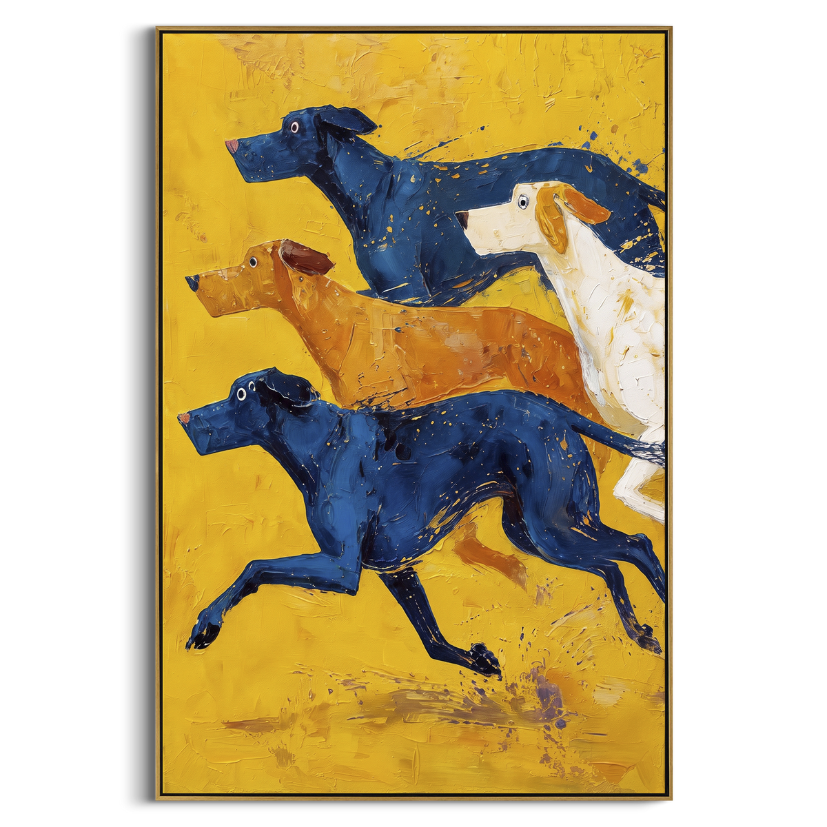 Yellow Field Racing Hounds vertical painting in a wood frame on a white background