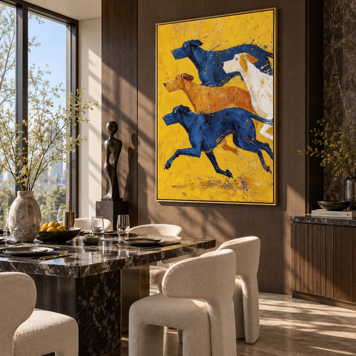 Yellow Field Racing Hounds people and pets wall art in a contemporary room