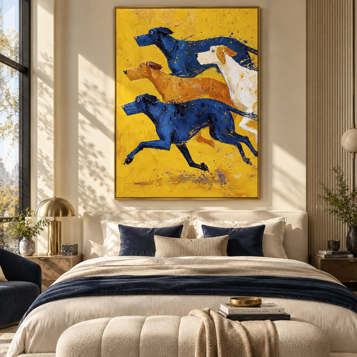 Yellow Field Racing Hounds painting displayed above modern furnishings
