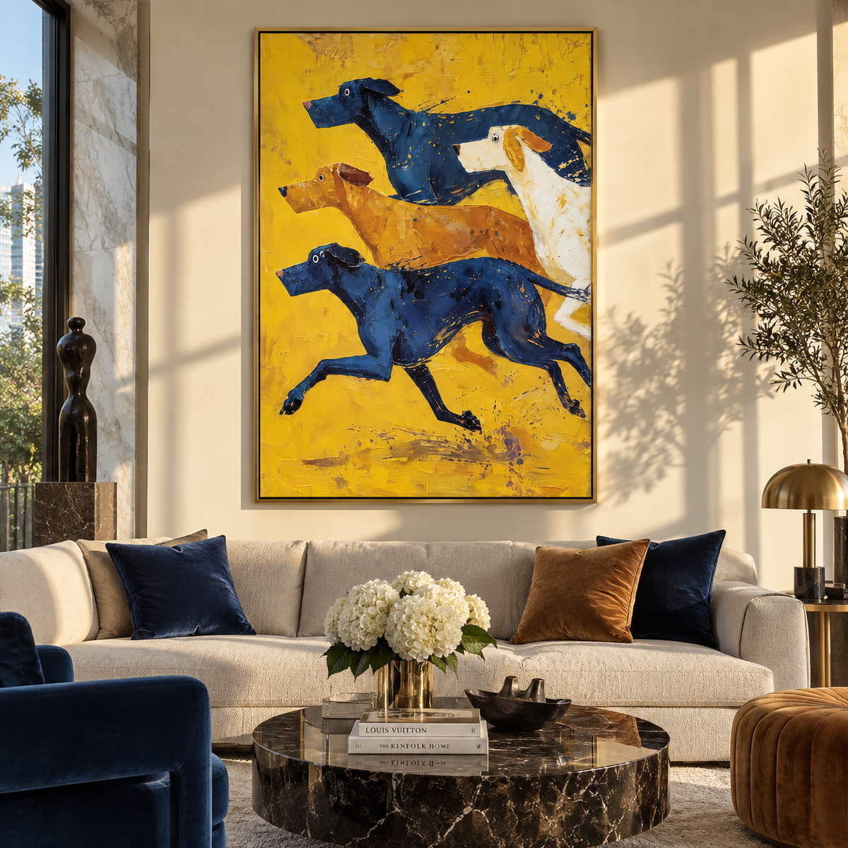 Yellow Field Racing Hounds artwork styled as a warm interior focal point