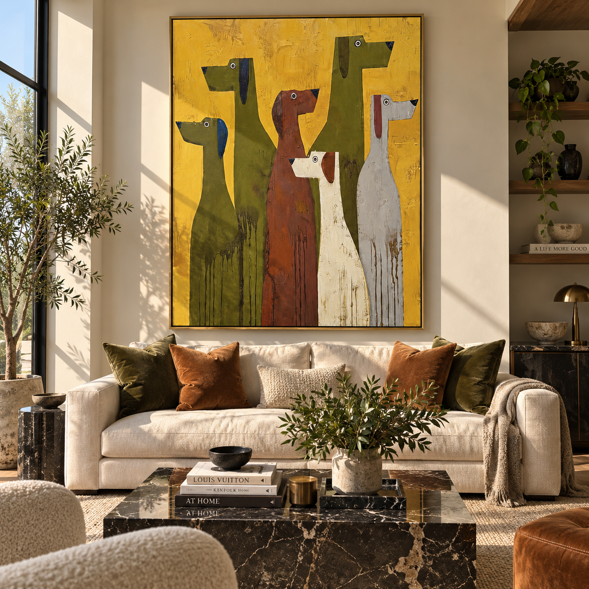 Tall Hounds Hold Color abstract hound group painting displayed in a styled interior