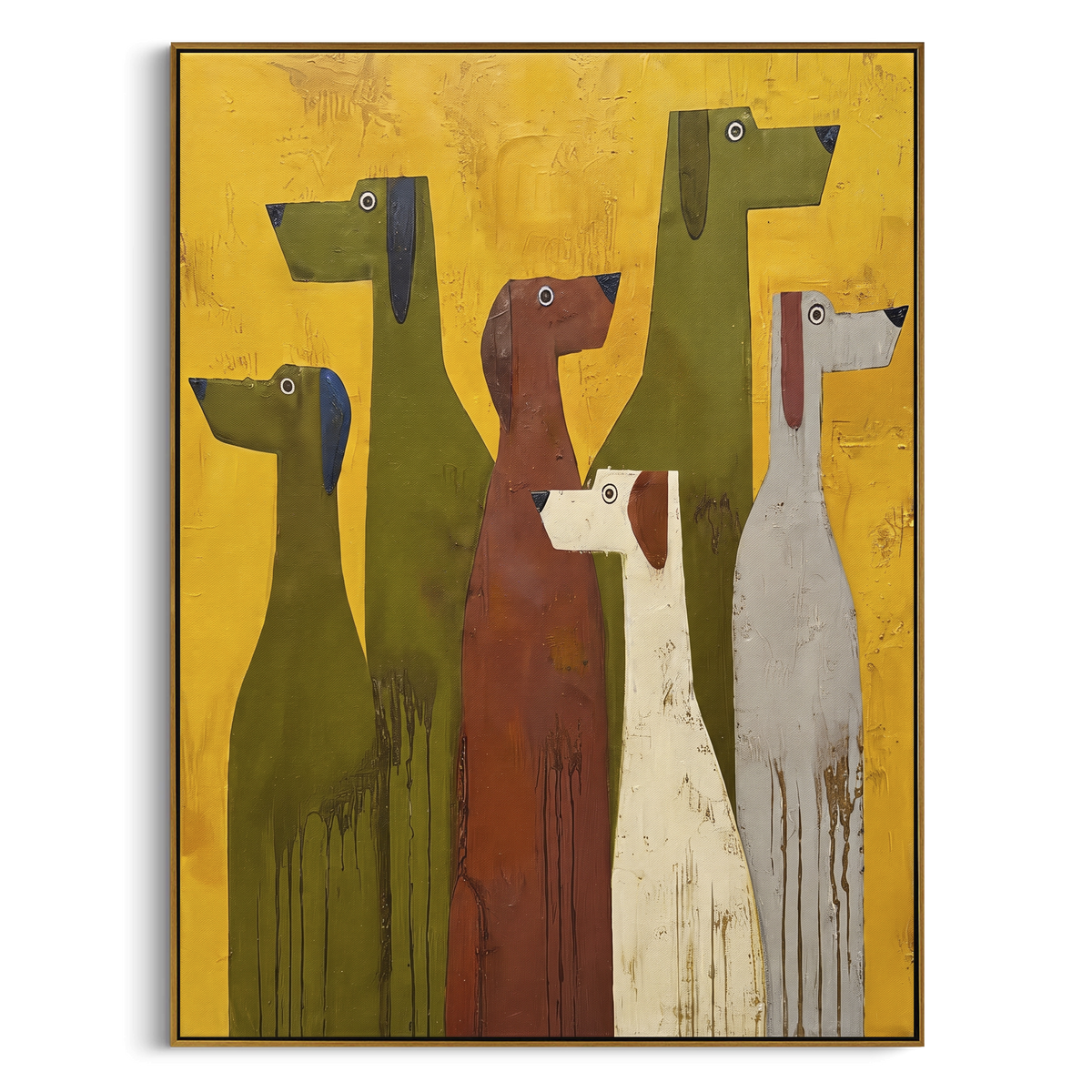 Tall Hounds Hold Color vertical painting in a wood frame on a white background