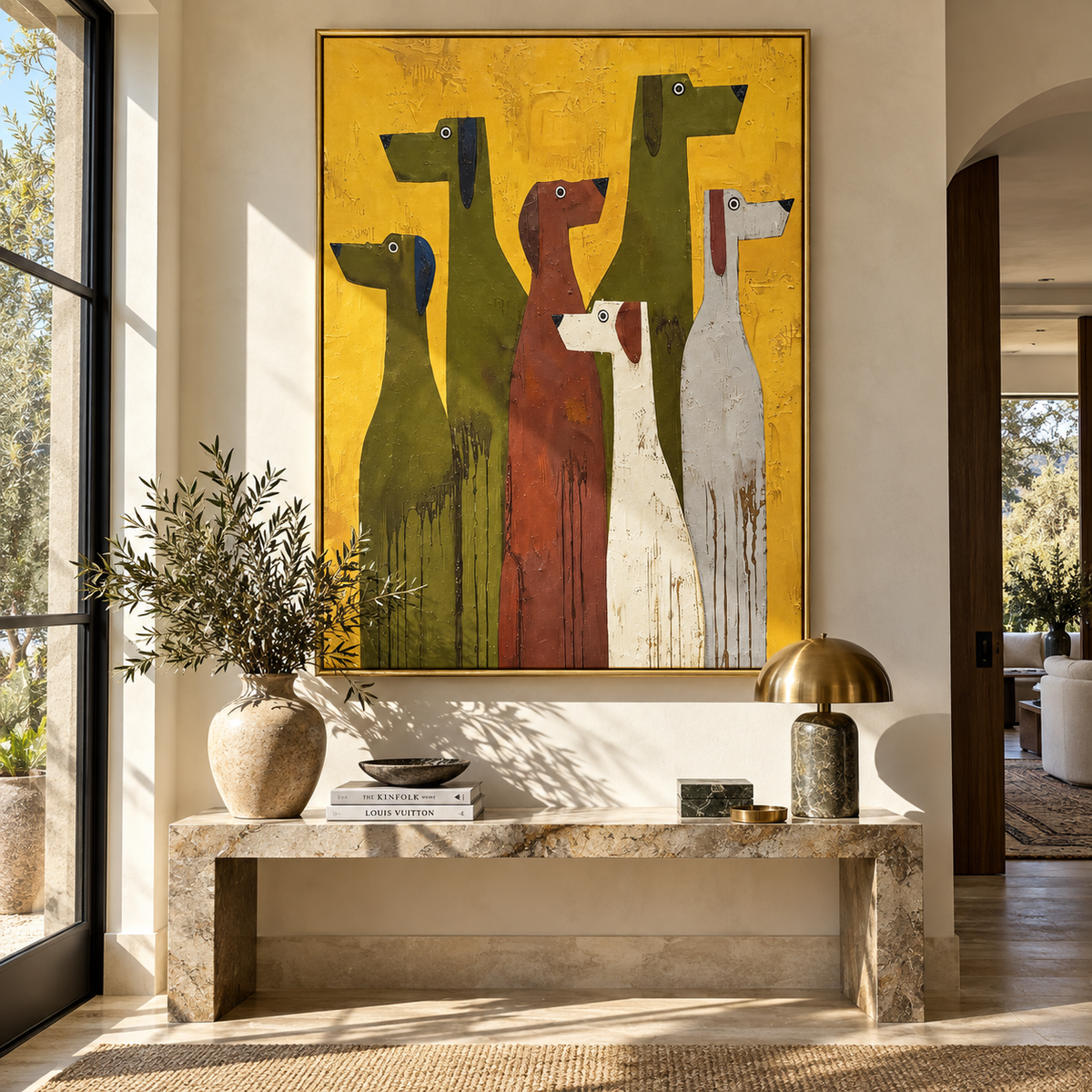 Tall Hounds Hold Color artwork styled as a warm interior focal point