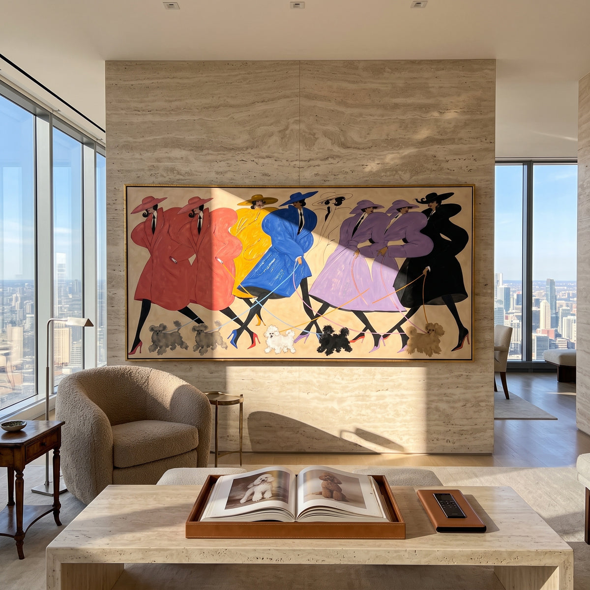 Sunday Parade of Companions fashion women with dogs painting displayed in a styled interior