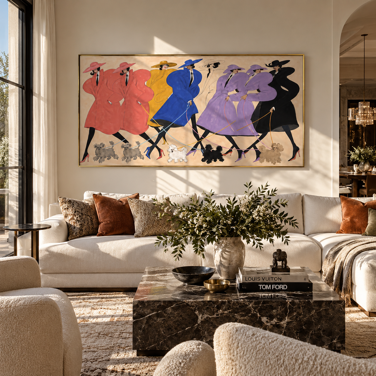 Sunday Parade of Companions painting displayed above modern furnishings