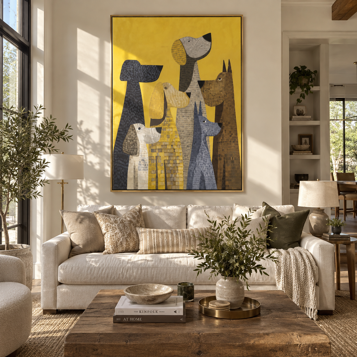 Yellow Gathering of Hounds people and pets wall art in a contemporary room