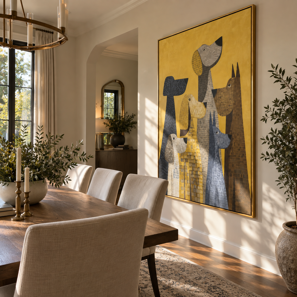 Yellow Gathering of Hounds painting displayed above modern furnishings