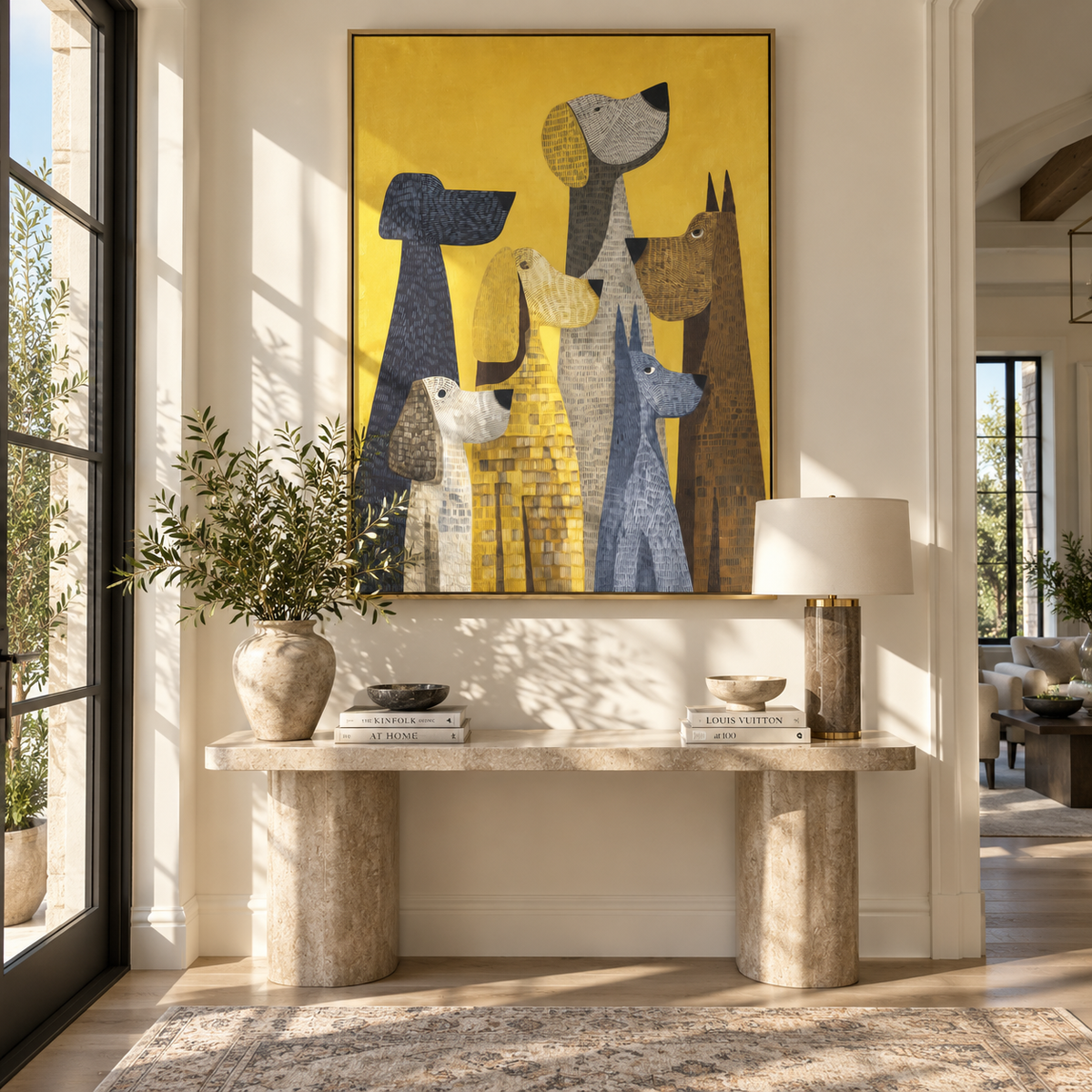 Yellow Gathering of Hounds artwork styled as a warm interior focal point