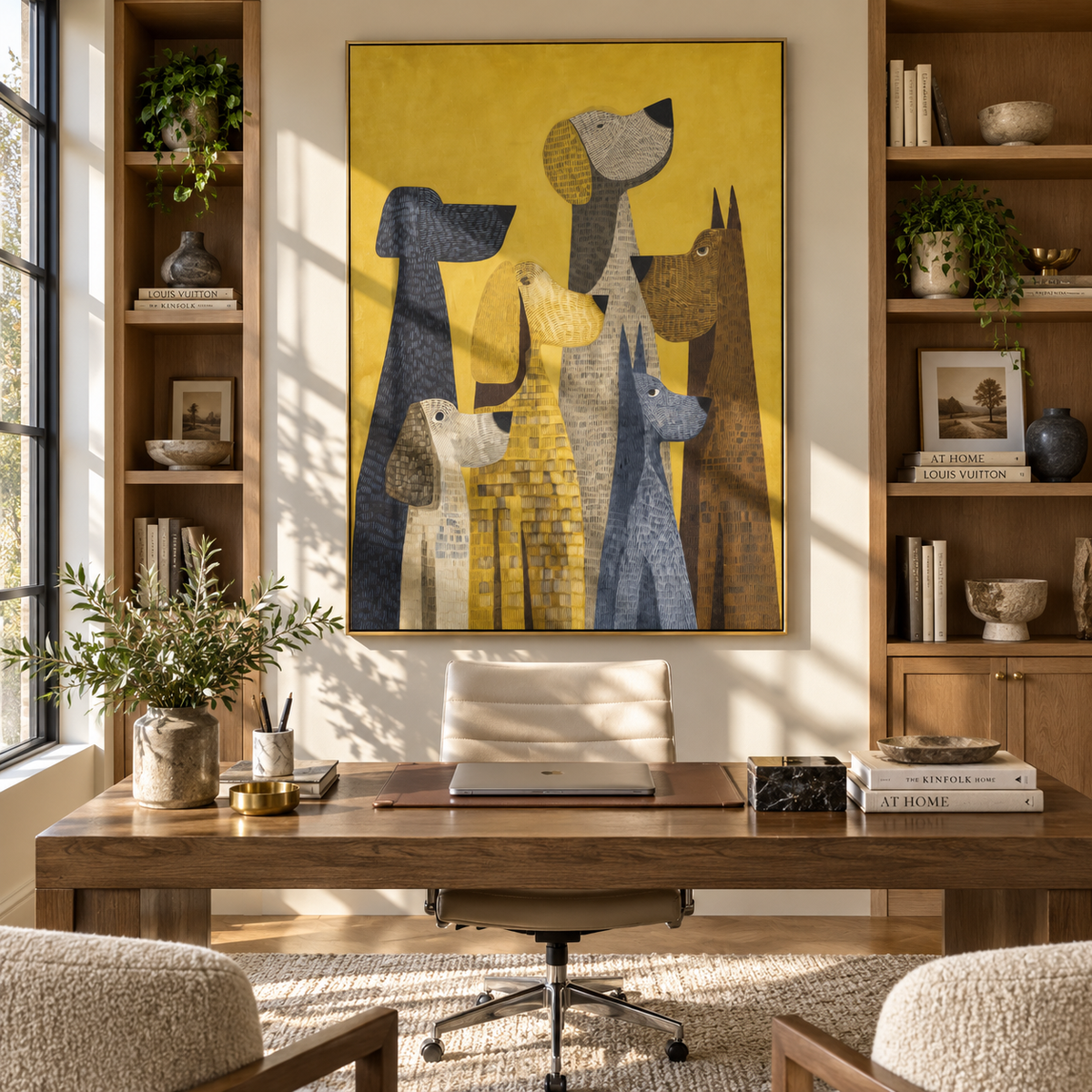 Yellow Gathering of Hounds displayed with natural materials and quiet decor