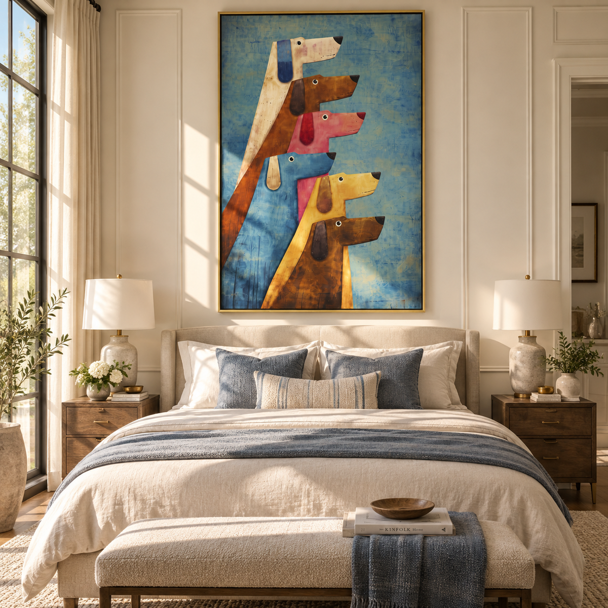 Colorful Hounds Look Ahead colorful dog group painting displayed in a styled interior