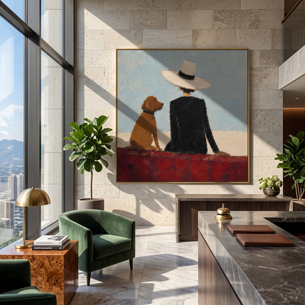 Red Wall Shared Horizon seated woman and dog painting displayed in a styled interior