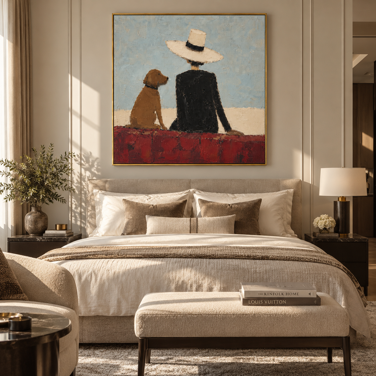 Red Wall Shared Horizon people and pets wall art in a contemporary room