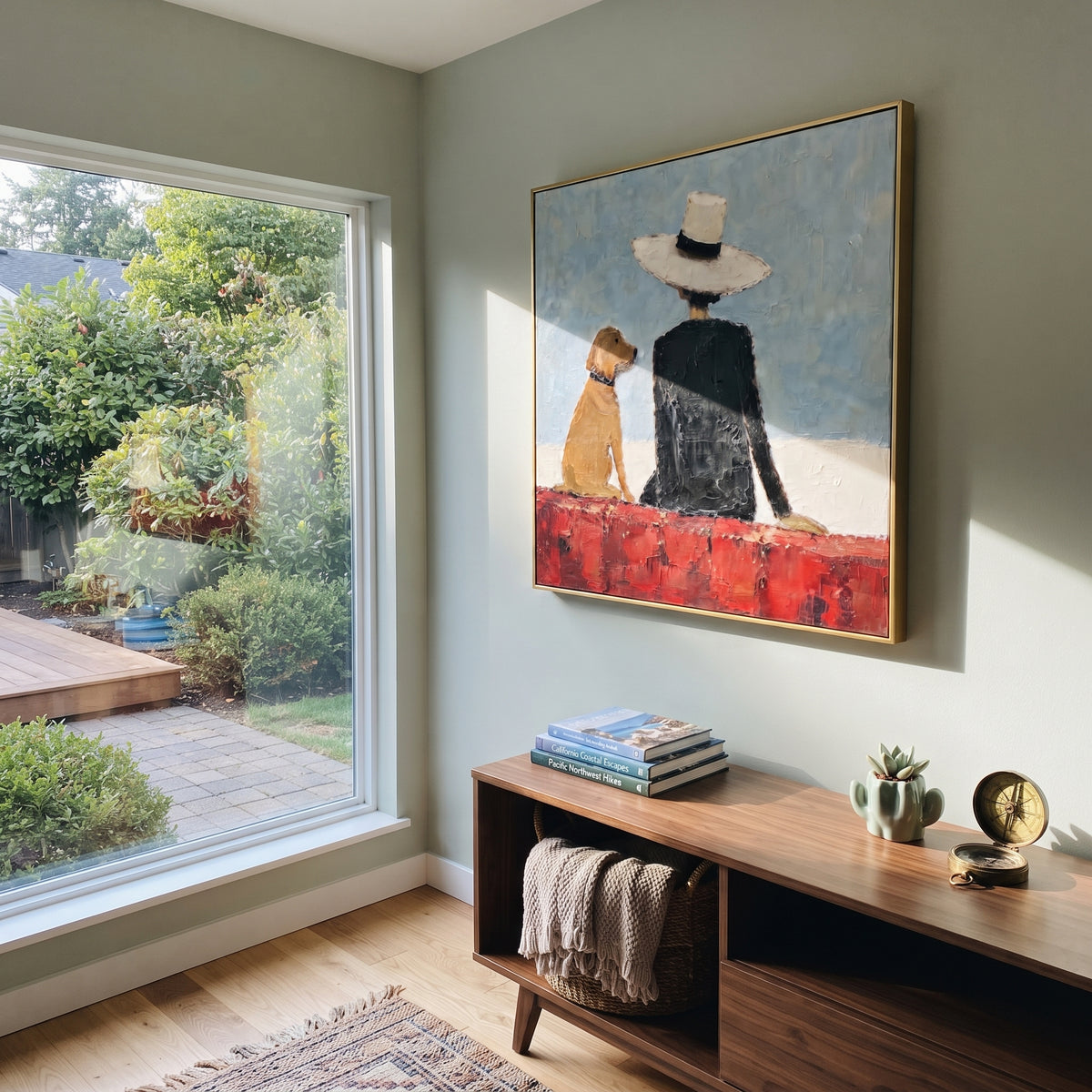 Red Wall Shared Horizon painting displayed above modern furnishings