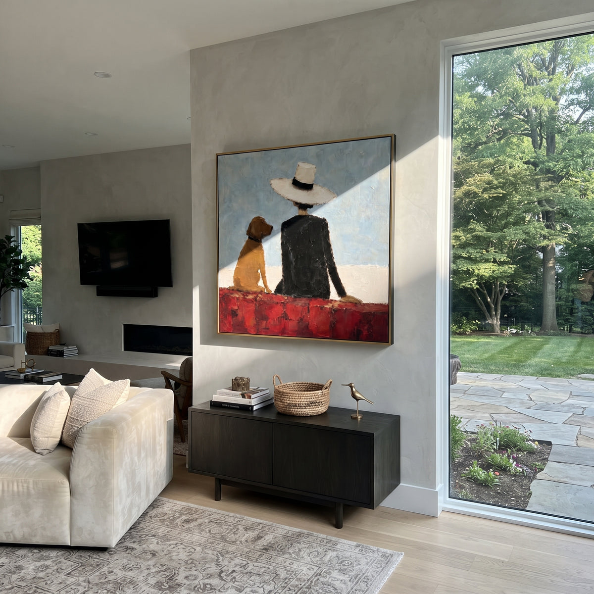 Red Wall Shared Horizon artwork styled as a warm interior focal point