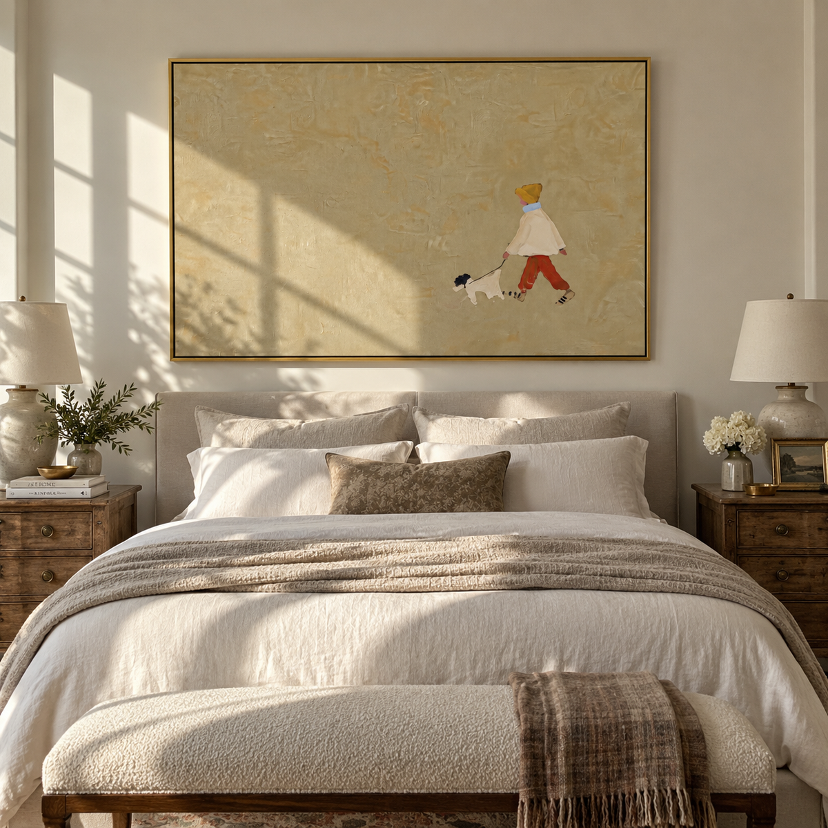 Tiny Walk Open Ground minimalist child and dog painting displayed in a styled interior