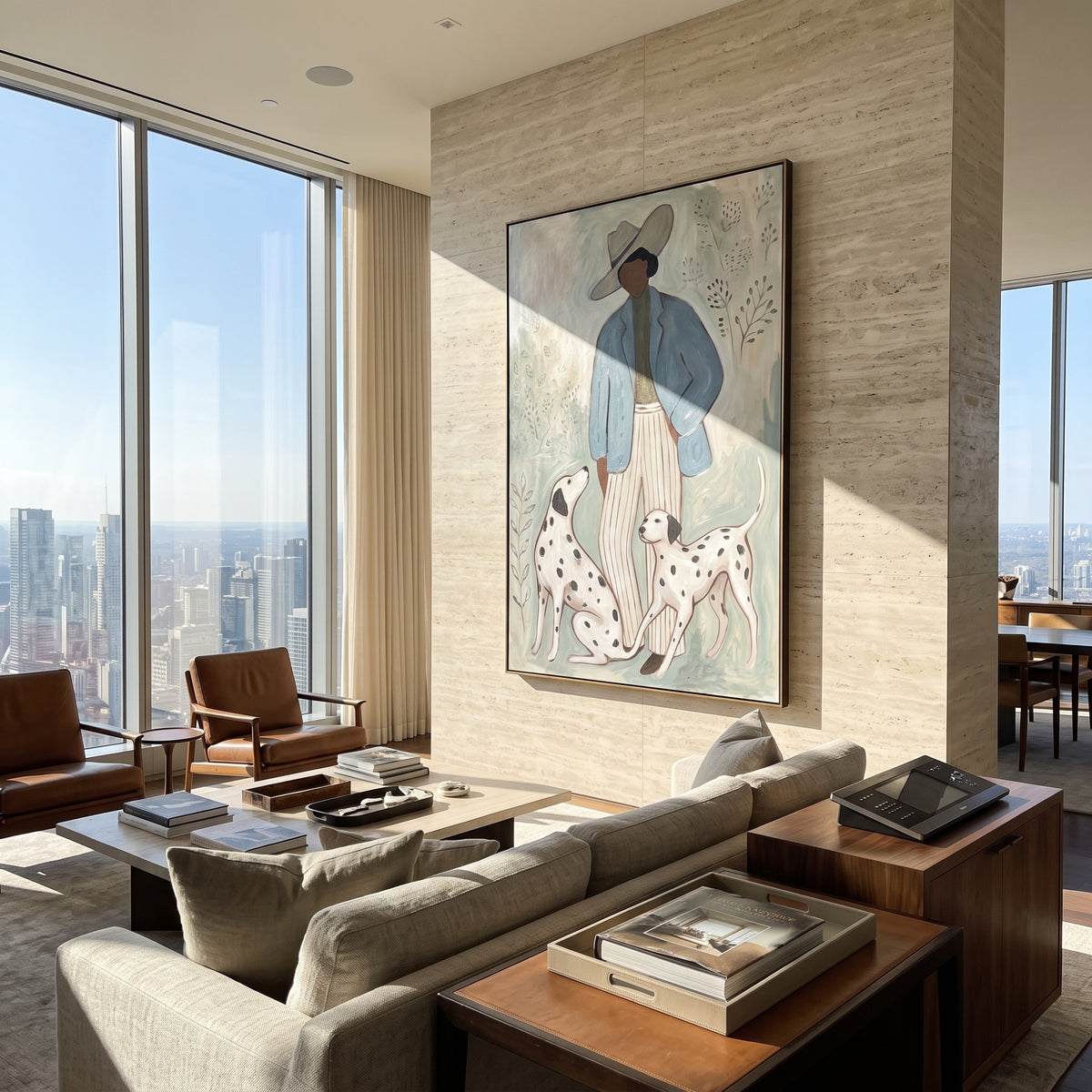 Blue Coat Spotted Pair woman with dalmatians painting displayed in a styled interior