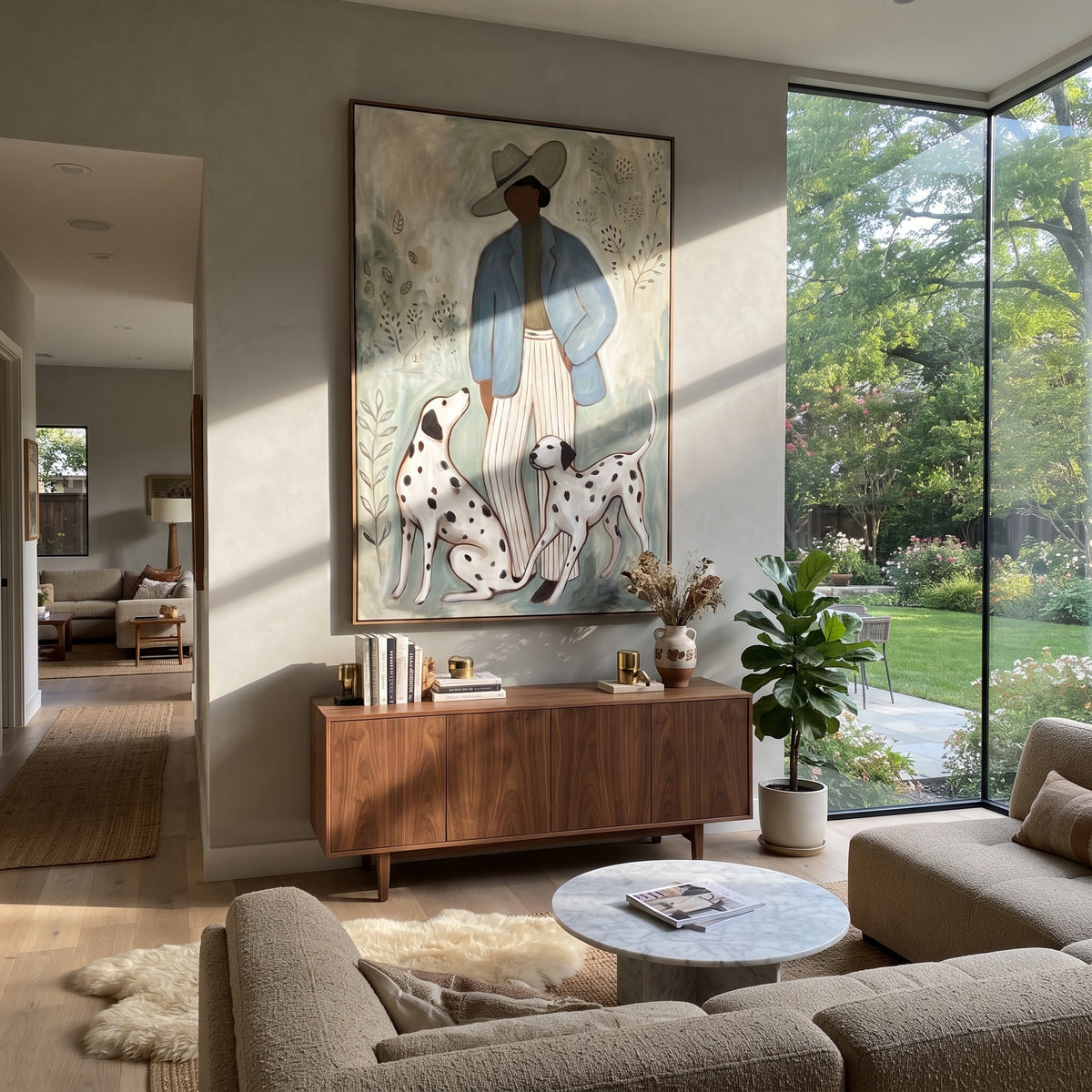 Blue Coat Spotted Pair painting displayed above modern furnishings