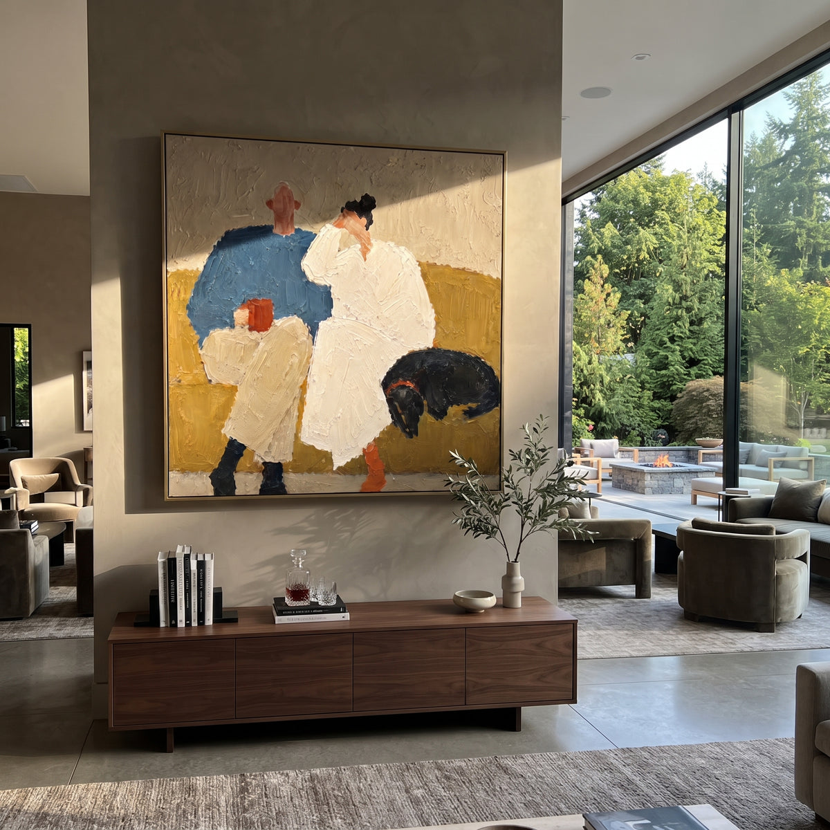 Quiet Couple Black Hound painting displayed above modern furnishings